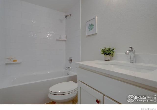 full bath with toilet,  shower combination, and vanity