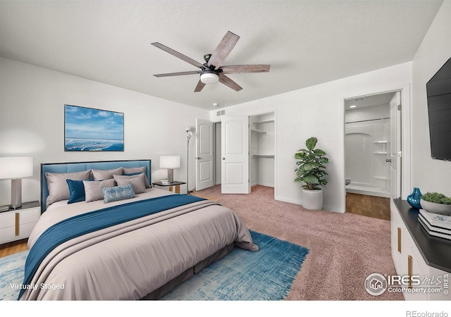 carpeted bedroom with ceiling fan, a closet, and connected bathroom