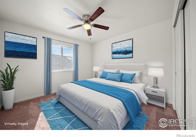 carpeted bedroom featuring ceiling fan, a closet, and baseboards