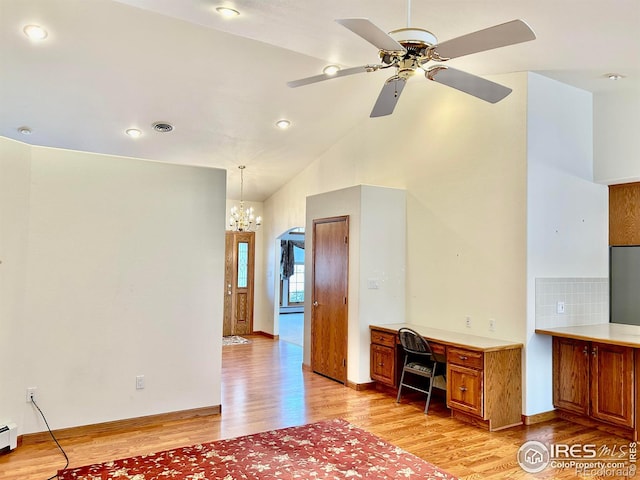 interior space with baseboards, a baseboard radiator, vaulted ceiling, light wood-type flooring, and ceiling fan with notable chandelier