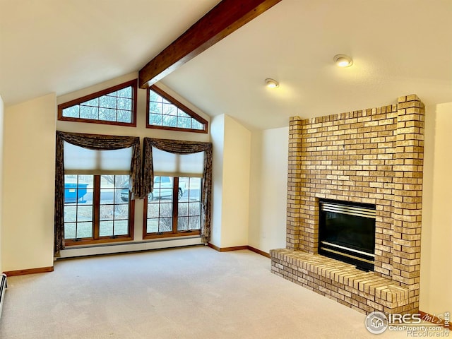 unfurnished living room featuring baseboards, lofted ceiling with beams, a baseboard radiator, carpet floors, and a fireplace