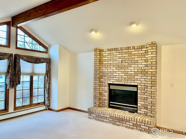 unfurnished living room featuring a wealth of natural light, a brick fireplace, lofted ceiling with beams, and a baseboard radiator