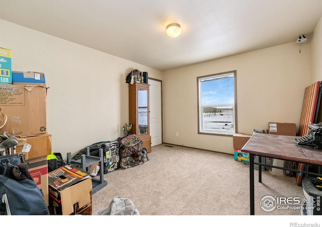 home office featuring light carpet and baseboards