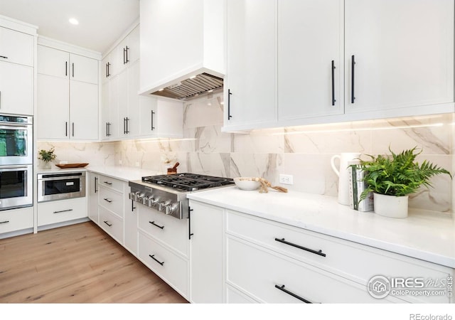6398 Foundry Ct, Timnath, CO 80547 - kitchen featuring stainless steel appliances, custom range hood, white cabinets, light countertops, and backsplash