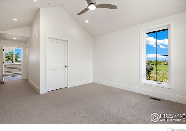 6398 Foundry Ct, Timnath, CO 80547 - unfurnished room with light carpet, baseboards, lofted ceiling, a ceiling fan, and recessed lighting