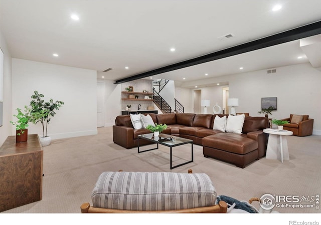 6398 Foundry Ct, Timnath, CO 80547 - living room featuring carpet flooring, recessed lighting, baseboards, stairs, and beamed ceiling