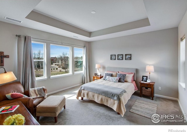 bedroom featuring a raised ceiling, visible vents, and carpet flooring