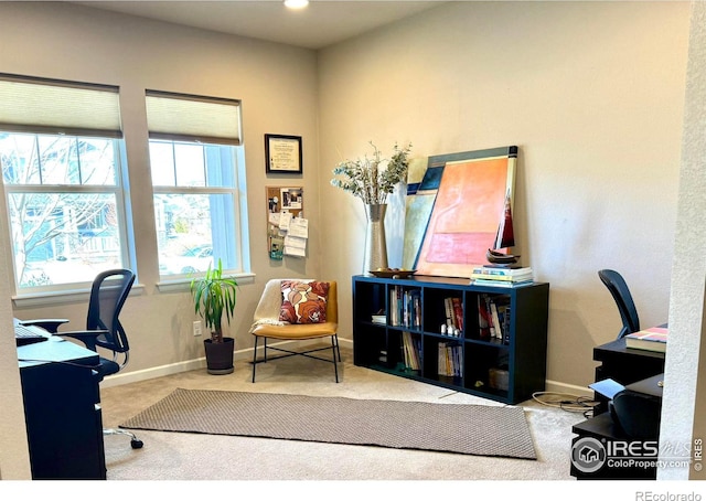 home office with carpet flooring, recessed lighting, and baseboards