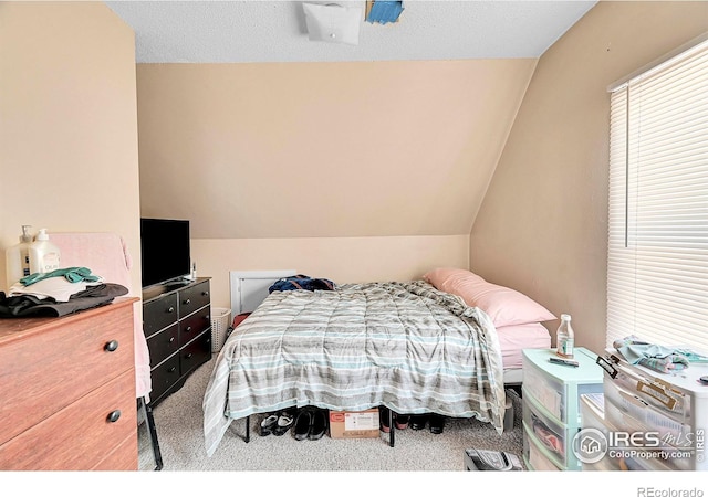 bedroom with lofted ceiling and carpet