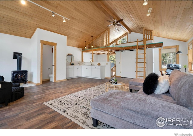 living area with dark wood-style flooring, wood ceiling, vaulted ceiling, a wood stove, and track lighting