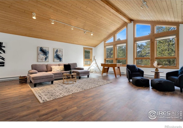 living area with wooden ceiling, plenty of natural light, high vaulted ceiling, and wood finished floors