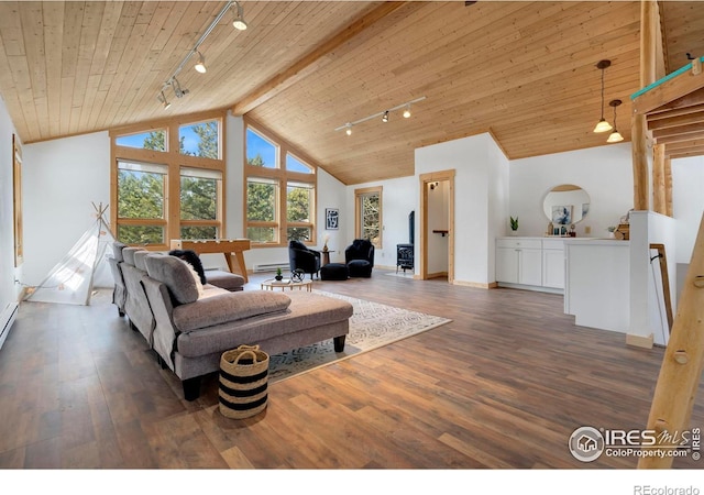 living room with dark wood finished floors, a baseboard radiator, rail lighting, high vaulted ceiling, and wooden ceiling