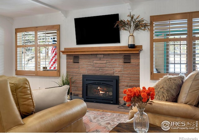 living room featuring a stone fireplace