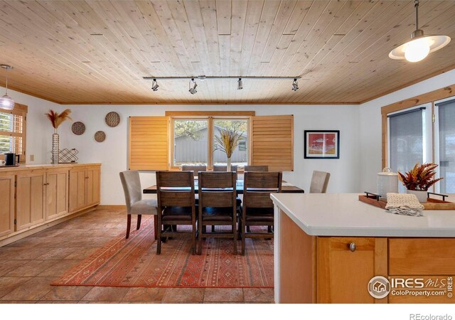 dining area featuring a wealth of natural light, wood ceiling, and track lighting