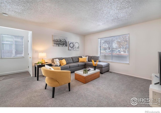 carpeted living room with a textured ceiling and baseboards