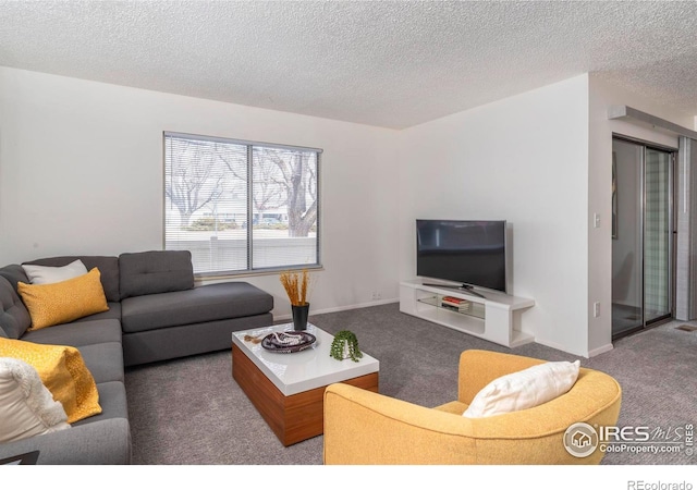 living area featuring a textured ceiling, carpet floors, and baseboards