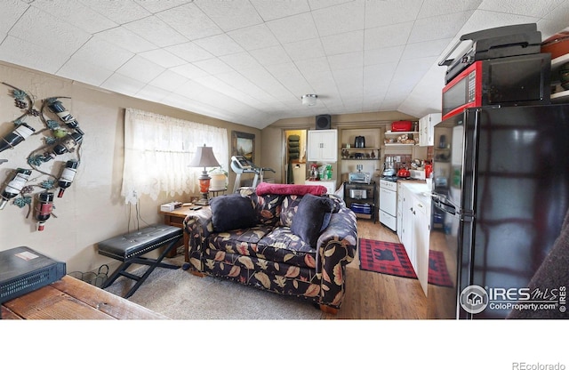 living area with vaulted ceiling and light wood-style flooring