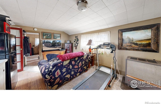 workout room featuring vaulted ceiling and light wood finished floors