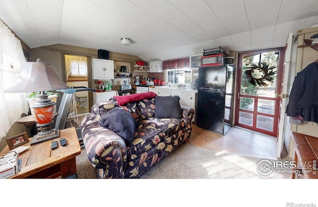 living room featuring lofted ceiling