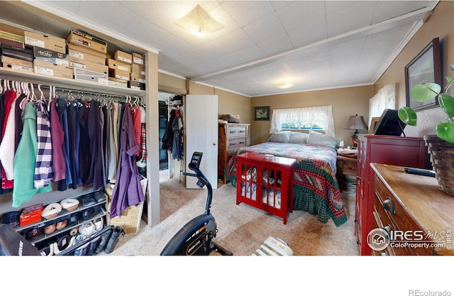 bedroom with ornamental molding, a closet, and light colored carpet