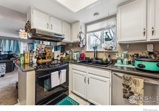 kitchen with dark countertops, a sink, under cabinet range hood, and black / electric stove