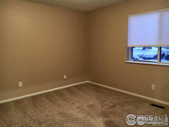 empty room featuring carpet, visible vents, and baseboards