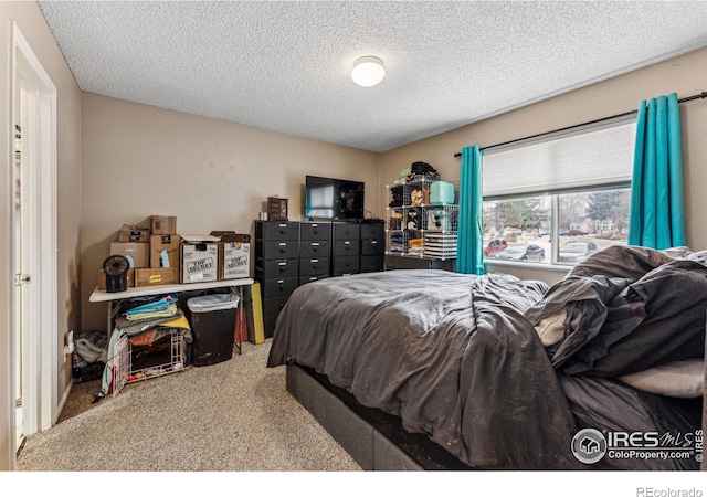 bedroom featuring carpet floors and a textured ceiling