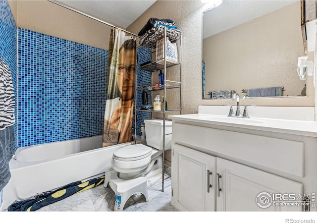 bathroom featuring toilet, vanity, shower / tub combo with curtain, and a textured wall