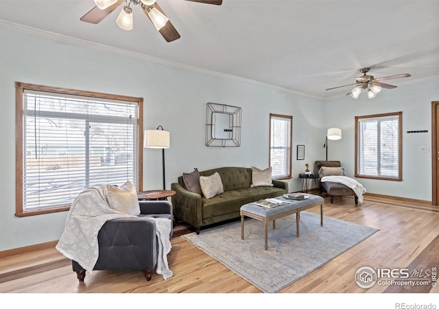 living room with light wood finished floors, a ceiling fan, baseboards, and crown molding