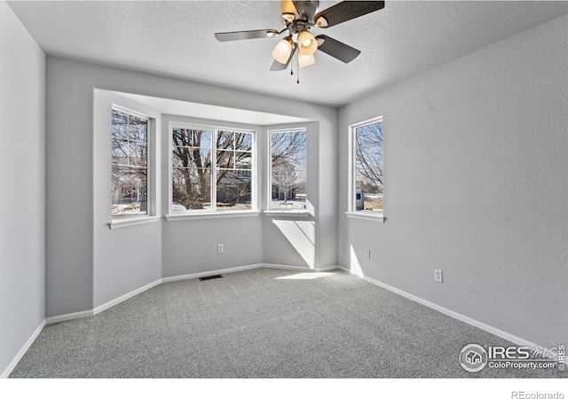 carpeted spare room with a textured ceiling, a textured wall, visible vents, and baseboards