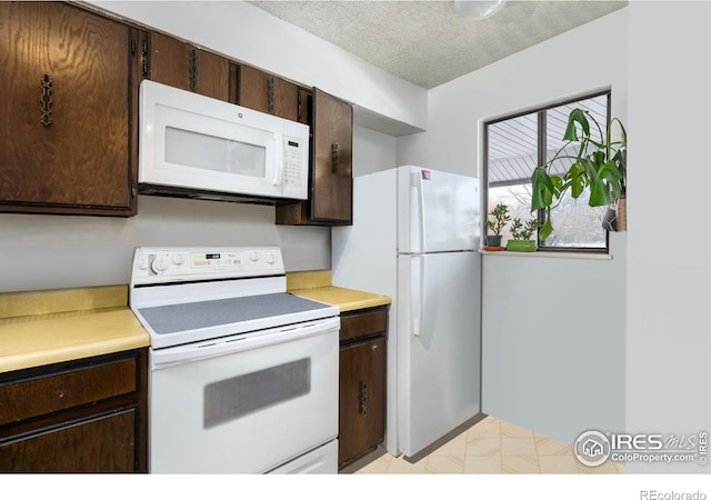 kitchen featuring dark brown cabinetry, white appliances, light countertops, and a textured ceiling