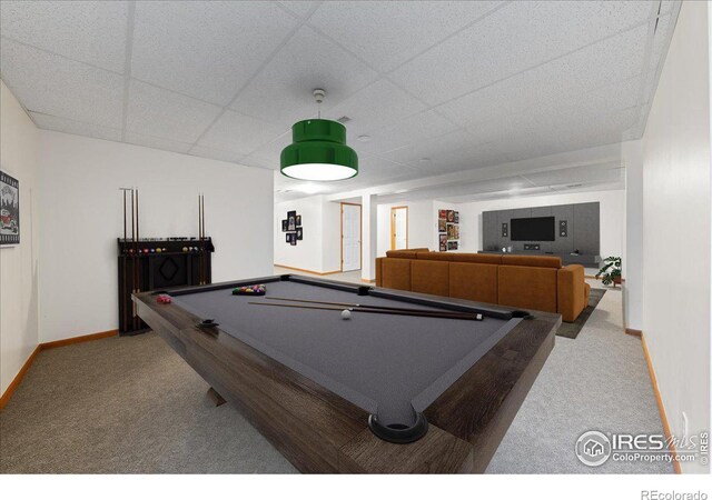 recreation room featuring light carpet, billiards, a paneled ceiling, and baseboards