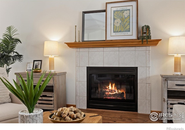 interior details with a tile fireplace