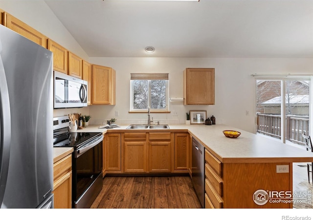 kitchen with dark wood finished floors, light countertops, appliances with stainless steel finishes, a sink, and a peninsula