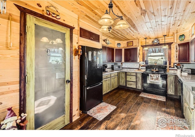 kitchen featuring dark wood-style flooring, decorative light fixtures, light countertops, wooden ceiling, and black appliances