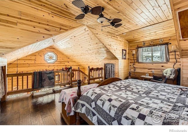 bedroom featuring wood ceiling, wooden walls, vaulted ceiling, and dark wood-type flooring