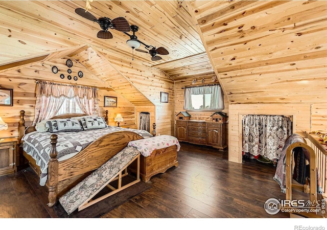 bedroom with lofted ceiling, wood walls, wood ceiling, and dark wood-style flooring