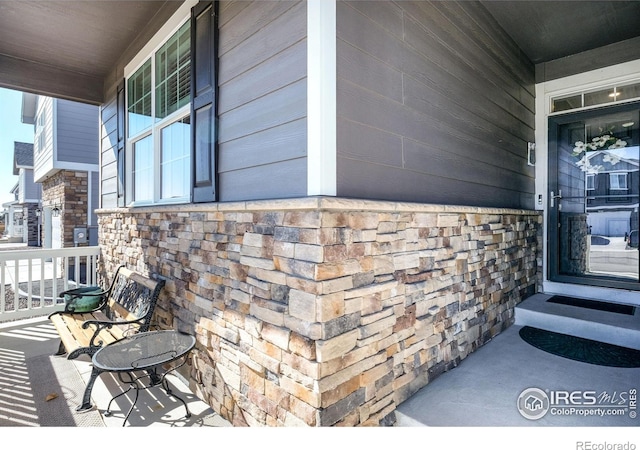 doorway to property with stone siding