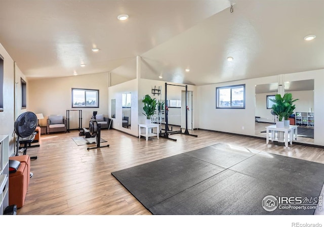 workout room featuring a wealth of natural light, vaulted ceiling, baseboards, and wood finished floors