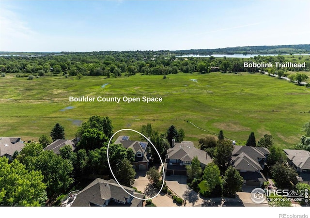 birds eye view of property with a water view and a residential view