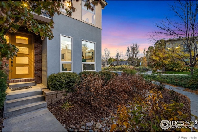 doorway to property featuring stucco siding