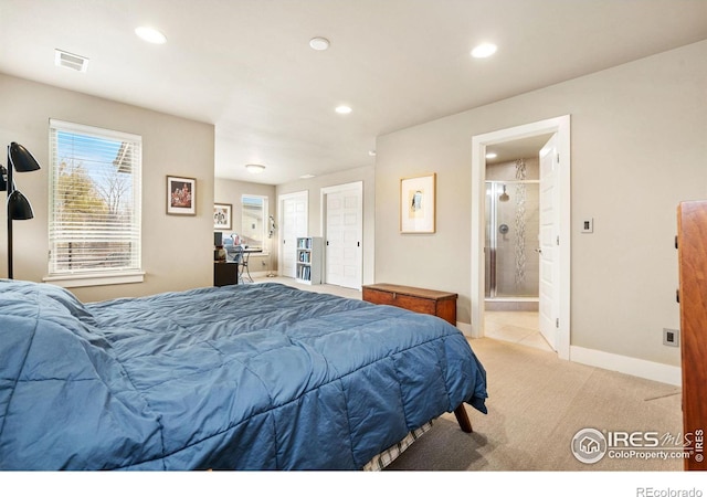 bedroom featuring recessed lighting, visible vents, light carpet, and baseboards