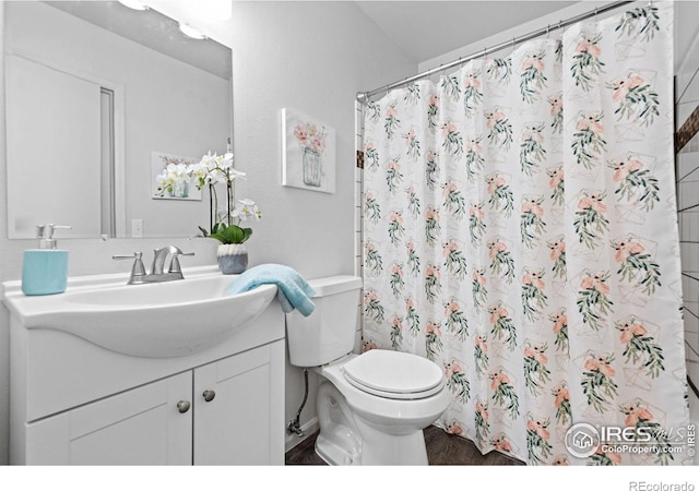 full bathroom featuring vanity, toilet, and a shower with curtain