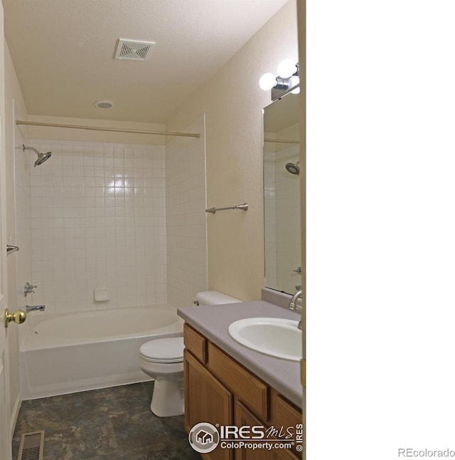 bathroom featuring toilet, bathtub / shower combination, vanity, and visible vents