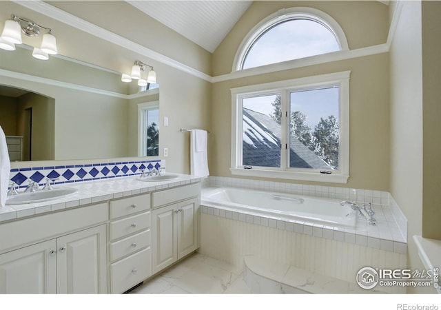 full bath featuring lofted ceiling, marble finish floor, a sink, and double vanity