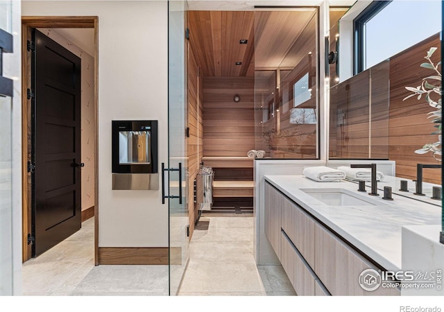 bathroom featuring wood ceiling, vanity, and tile patterned floors