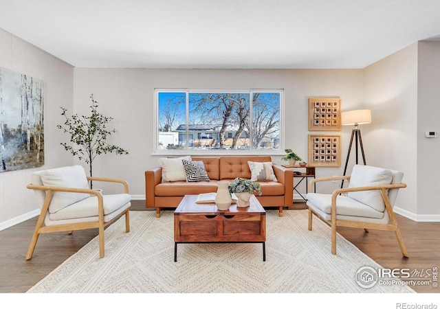 living room with baseboards and light wood-style floors