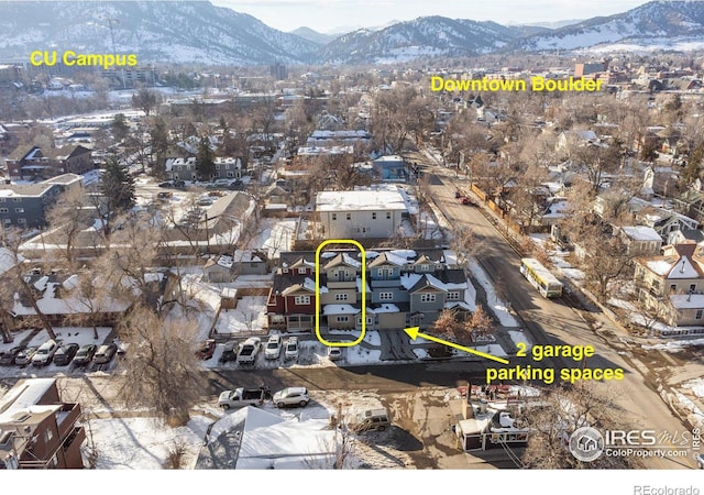 birds eye view of property featuring a residential view and a mountain view