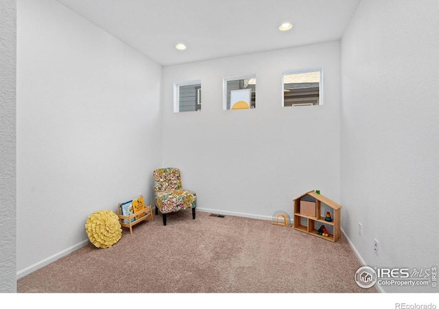 game room with visible vents, baseboards, carpet flooring, and recessed lighting