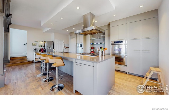 kitchen with light wood-style flooring, island range hood, a large island, appliances with stainless steel finishes, and modern cabinets